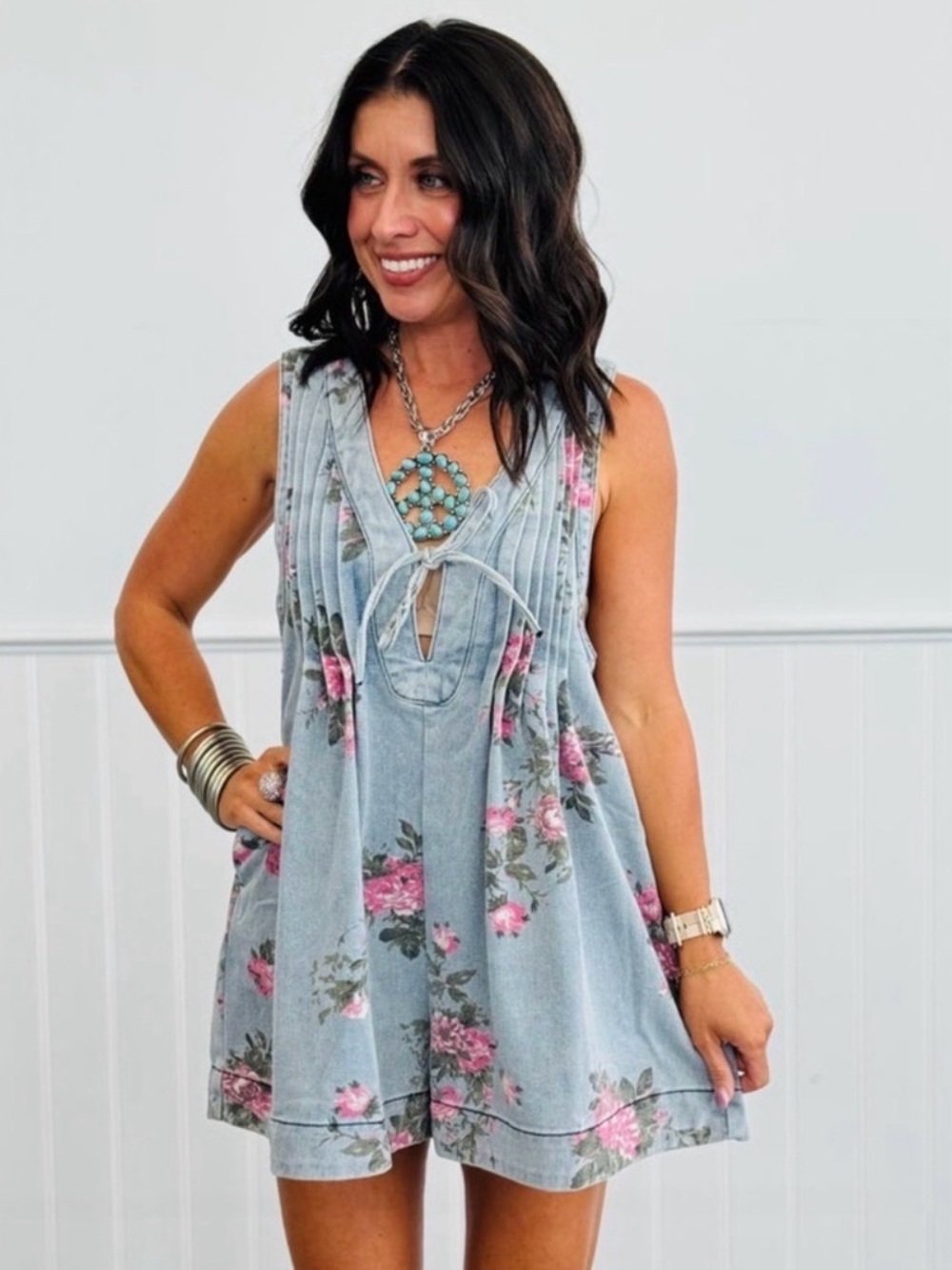 Veveret floral denim sleeveless romper large pleated coquette bow feminine NWOT - Picture 4 of 9